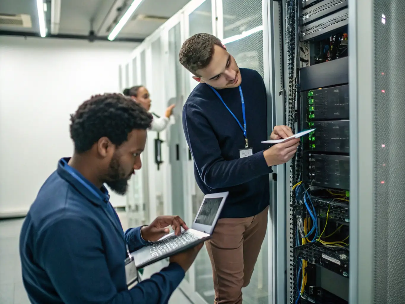 An image showing a team of IT professionals collaborating on a network infrastructure setup, highlighting the importance of robust and secure network solutions. The image should convey expertise and reliability.