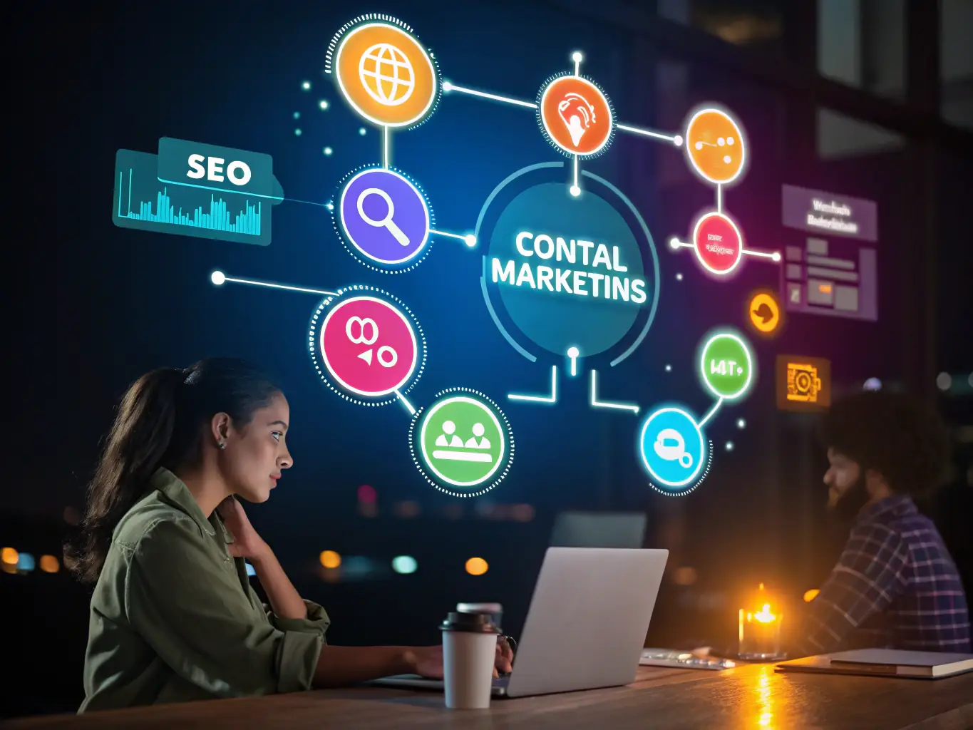 An image illustrating various digital marketing tools and techniques, such as SEO, content marketing, and social media, integrated to drive website traffic and conversions.