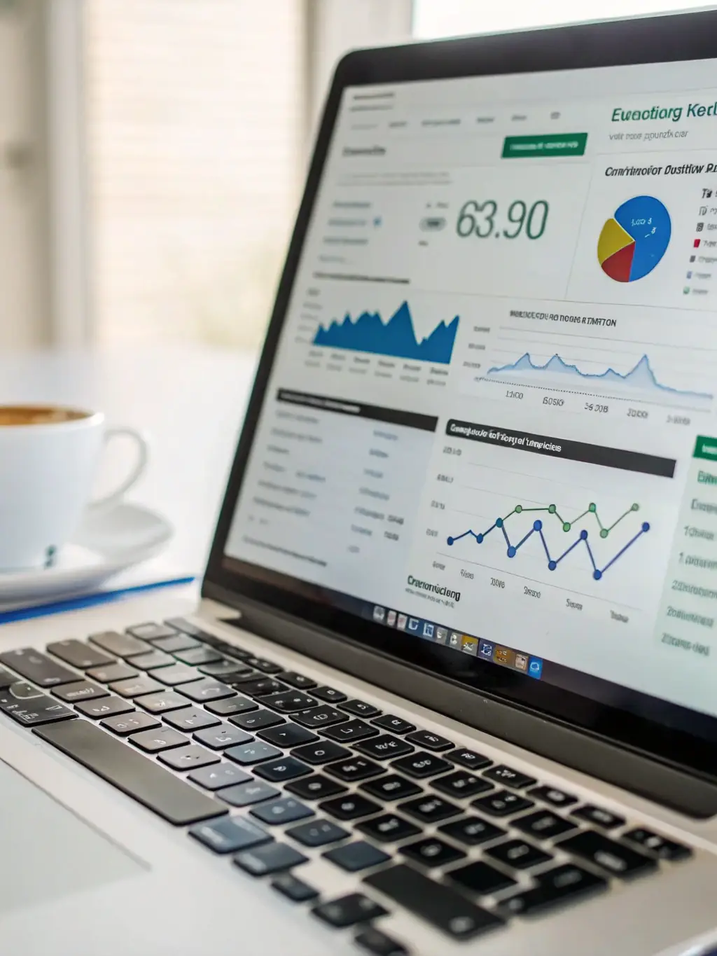 A clean, modern interface showing a website's SEO analysis, highlighting keyword rankings, backlink profiles, and on-page optimization scores, with a focus on improving search engine visibility.