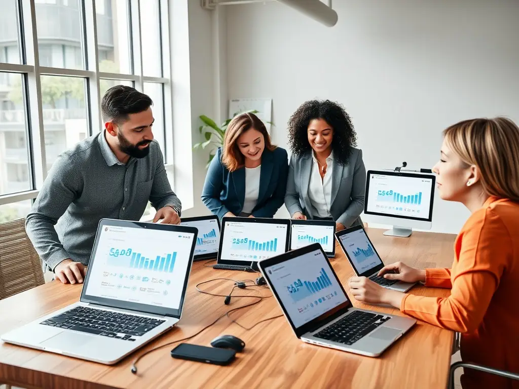 An image depicting a team of experts collaborating on website optimization strategies, using data-driven insights to improve user experience and conversion rates.